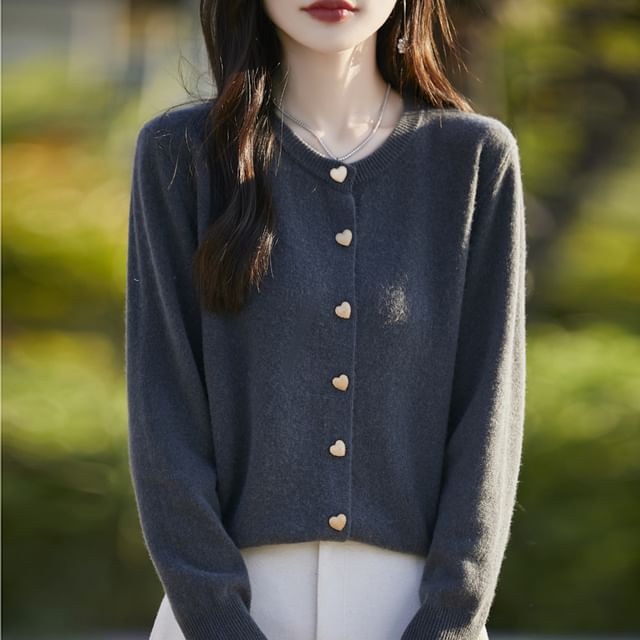 Round Neck Plain Heart Button Cropped Cardigan