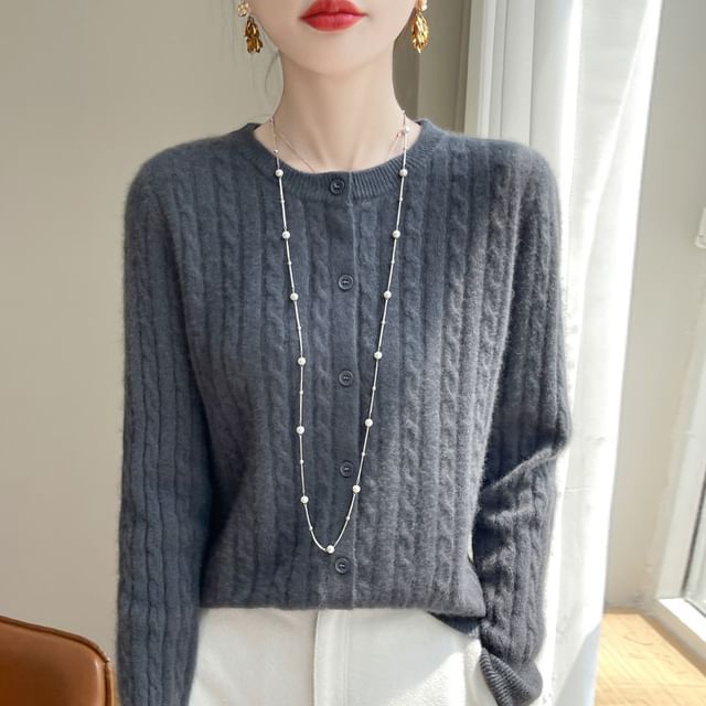 Crew Neck Plain Cable Knitted Cropped Cardigan