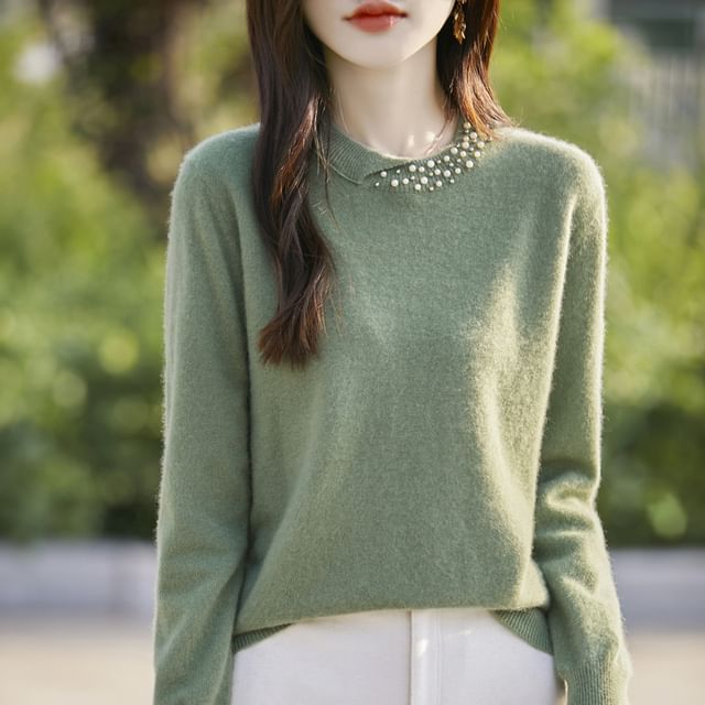Round Neck Plain Faux Pearl Detail Sweater