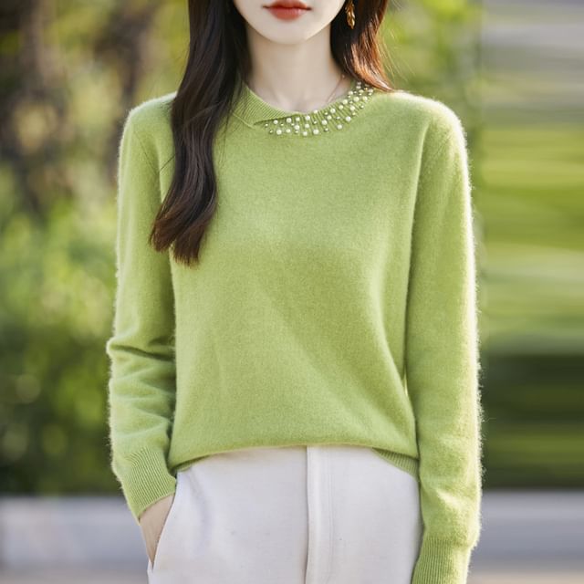 Round Neck Plain Faux Pearl Detail Sweater