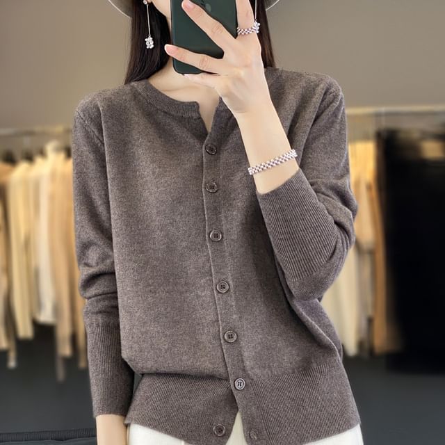 Crew Neck Plain Button Cardigan