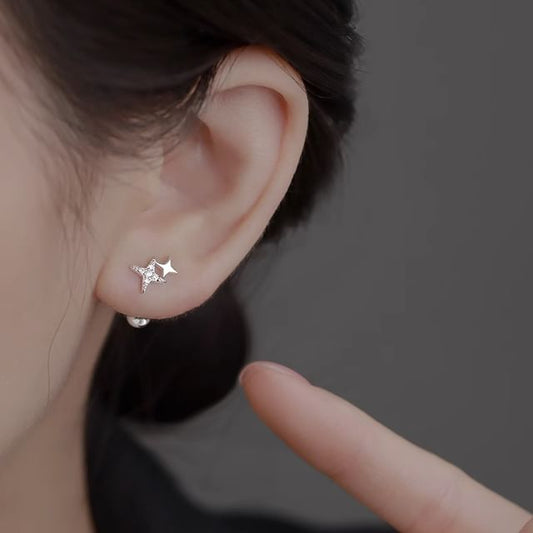 Sterling Silver 925 Barbell Earring Star Rhinestone