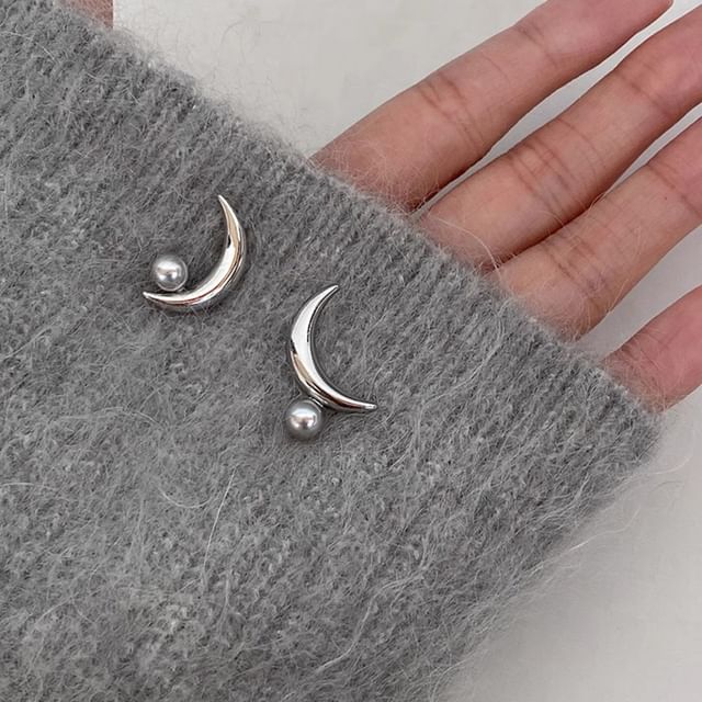 Faux 925 Earring Sterling Stud Crescent Silver Pearl