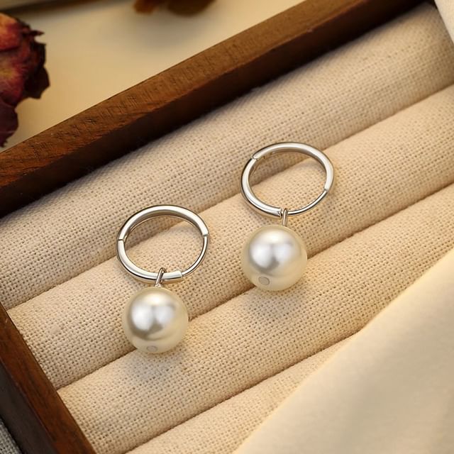 Earring 925 Silver Hoop Pearl Sterling Faux Drop