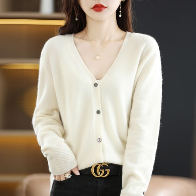 V-Neck Button-Up Plain Cardigan