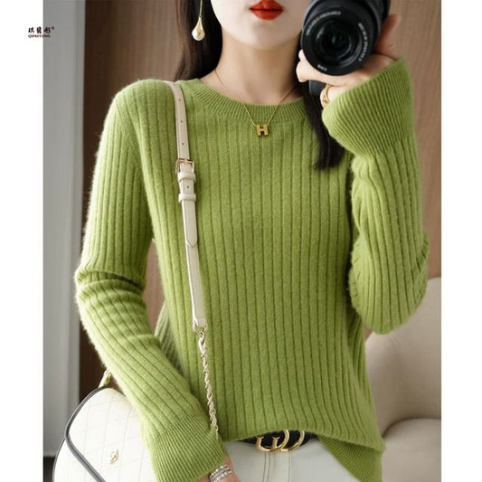 Long-Sleeve Crewneck Plain Knit Top