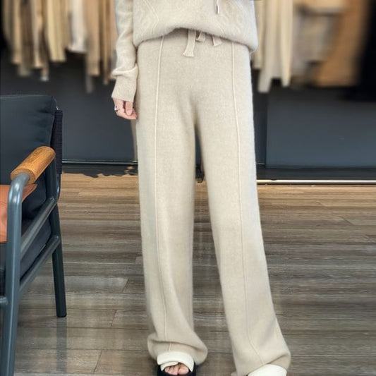 High Rise Plain Knit Wide Leg Pants