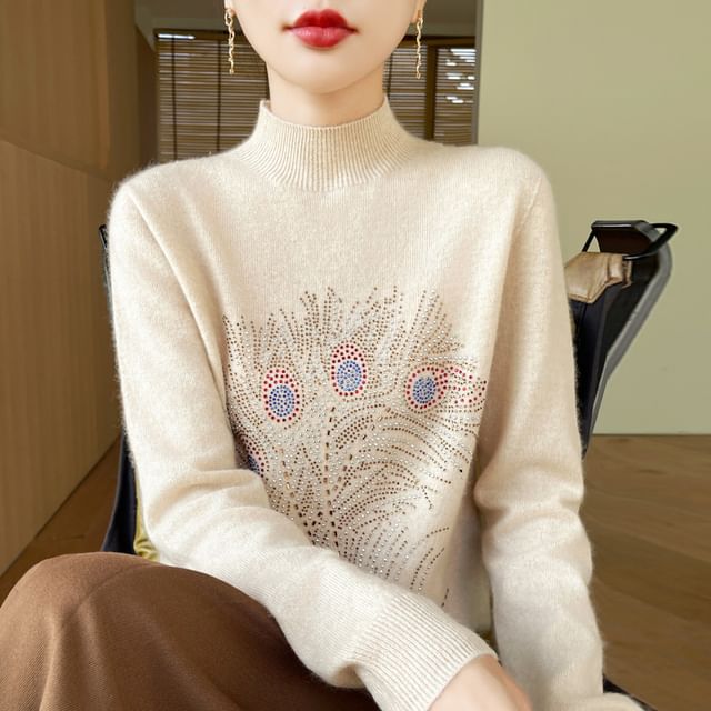 Long-Sleeve Mock Neck Rhinestone Knit Top