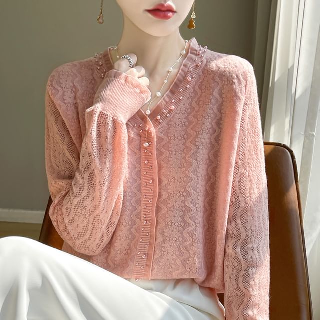 V-Neck Beaded Plain Cardigan