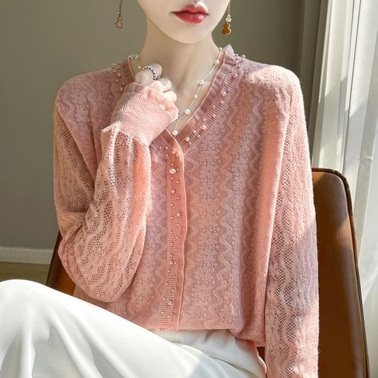 V-Neck Beaded Plain Cardigan