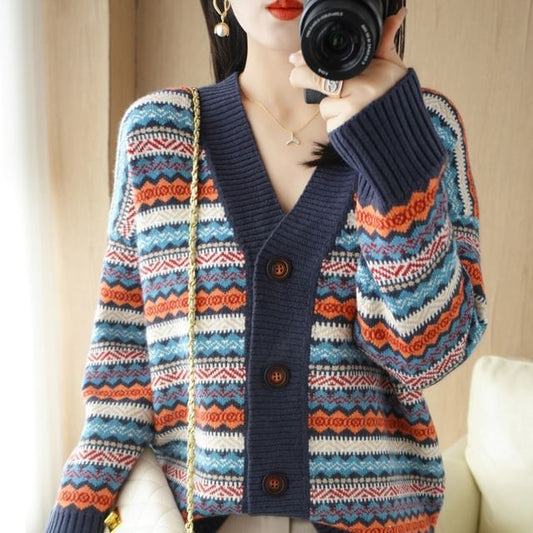 V-Neck Pattern Button-Up Cardigan