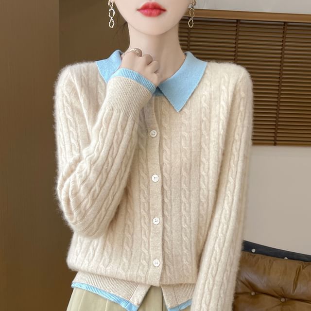 Mock Two-Piece Collared Cable Knit Cardigan