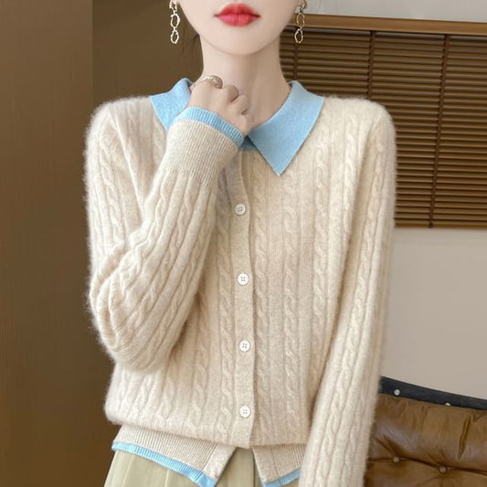 Mock Two-Piece Collared Cable Knit Cardigan