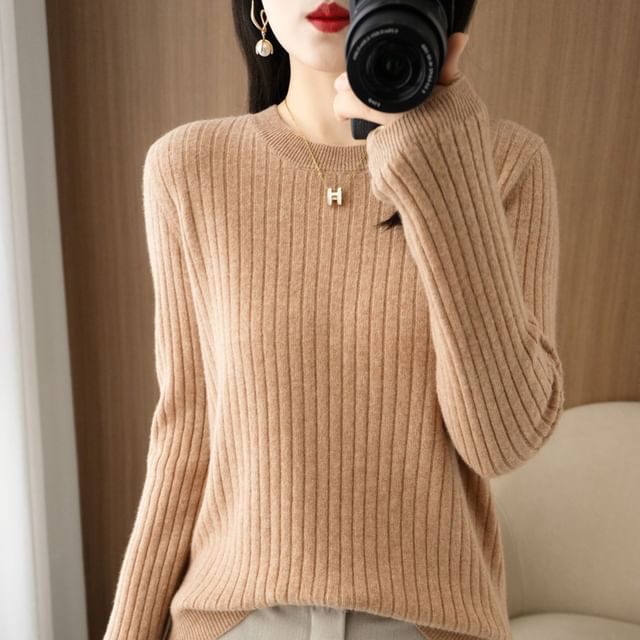 Long-Sleeve Crewneck Plain Knit Top