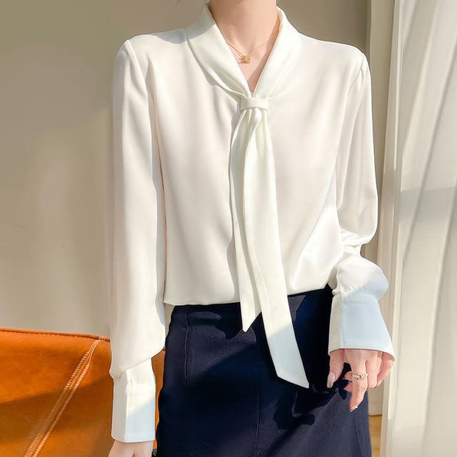 Long-Sleeve Tie Neck Plain Blouse