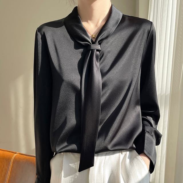 Long-Sleeve Tie Neck Plain Blouse