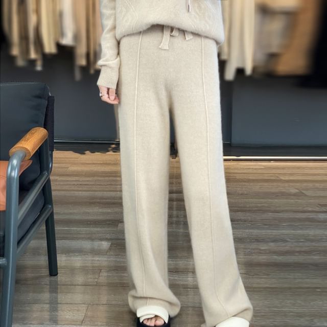 High Rise Plain Knit Wide Leg Pants
