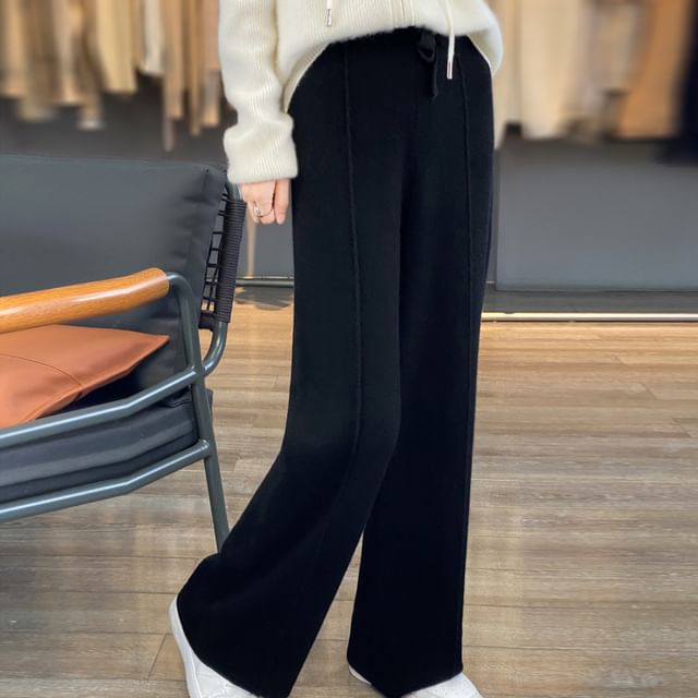 High Rise Plain Knit Wide Leg Pants
