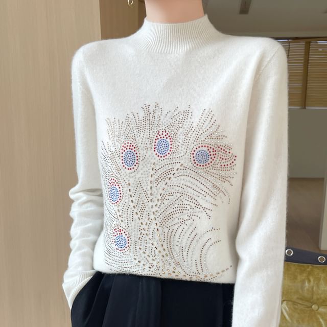 Long-Sleeve Mock Neck Rhinestone Knit Top
