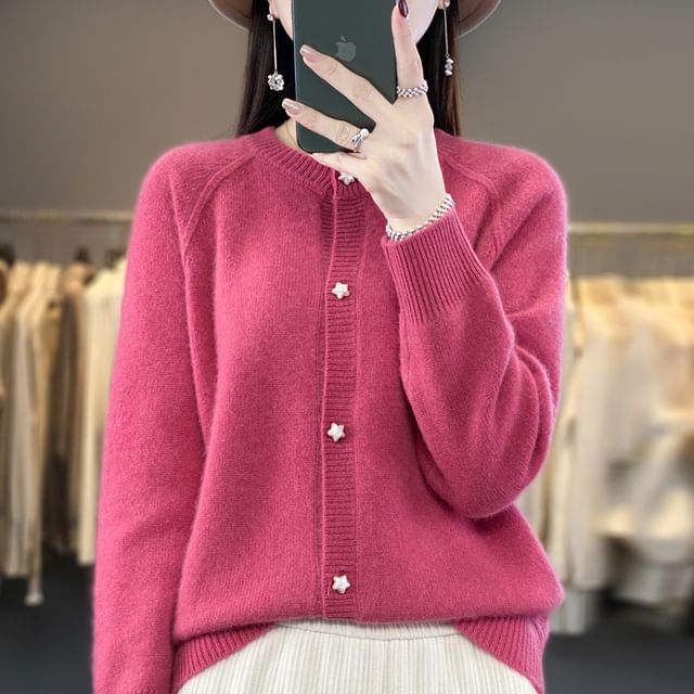 Crewneck Button-Up Plain Cardigan