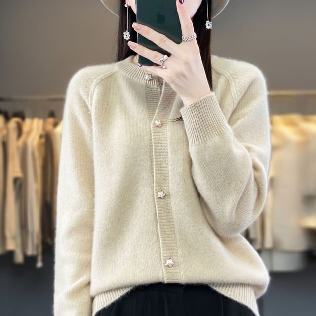 Crewneck Button-Up Plain Cardigan