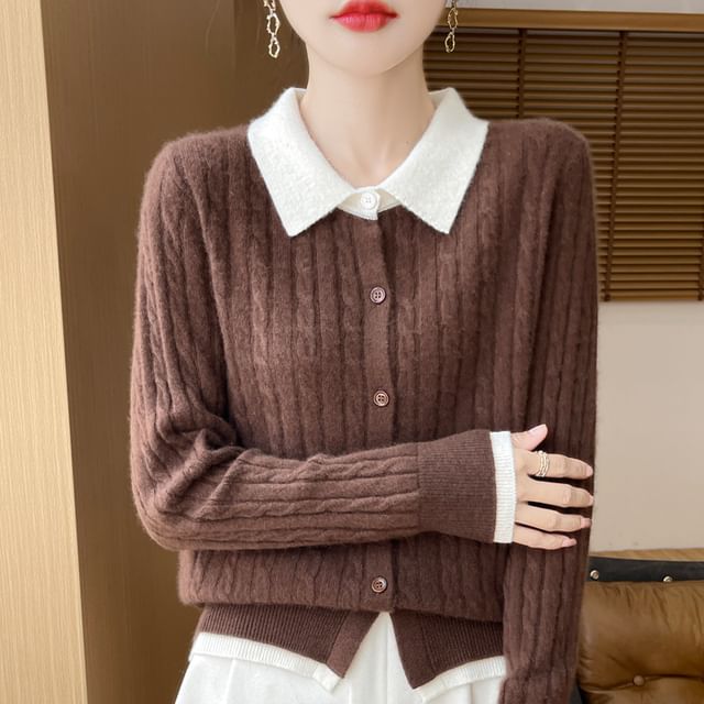 Mock Two-Piece Collared Cable Knit Cardigan