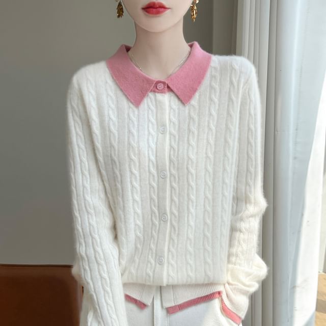 Mock Two-Piece Collared Cable Knit Cardigan