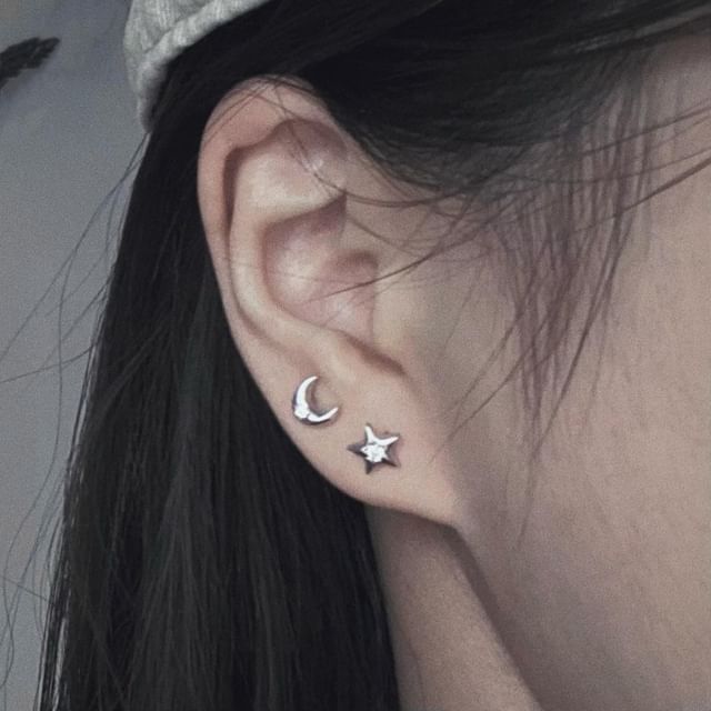 Moon Earring Asymmetrical Silver Star S999 Stud Rhinestone