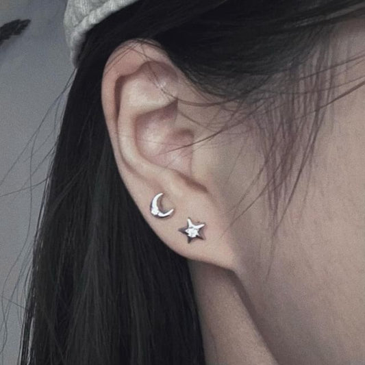 Moon Earring Asymmetrical Silver Star S999 Stud Rhinestone
