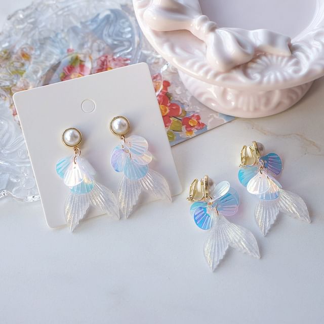 / Faux Drop Clip-On Mermaid Tail Earring Pearl