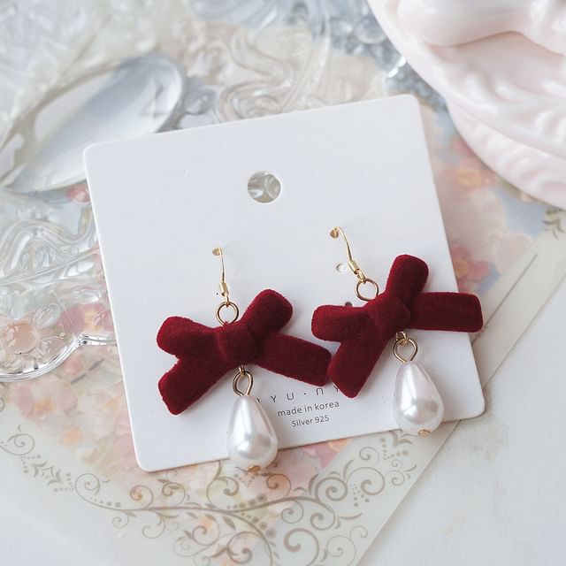 Drop Bow / Hook Faux Clip-On Pearl Earring