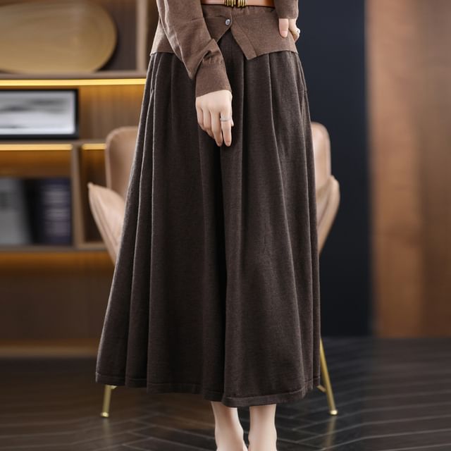 Elastic Waist Plain Midi A-Line Skirt