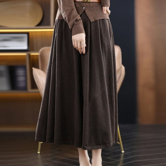 Elastic Waist Plain Midi A-Line Skirt