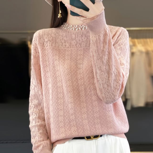 Long Sleeve Mock Neck Plain Beaded Knit Top