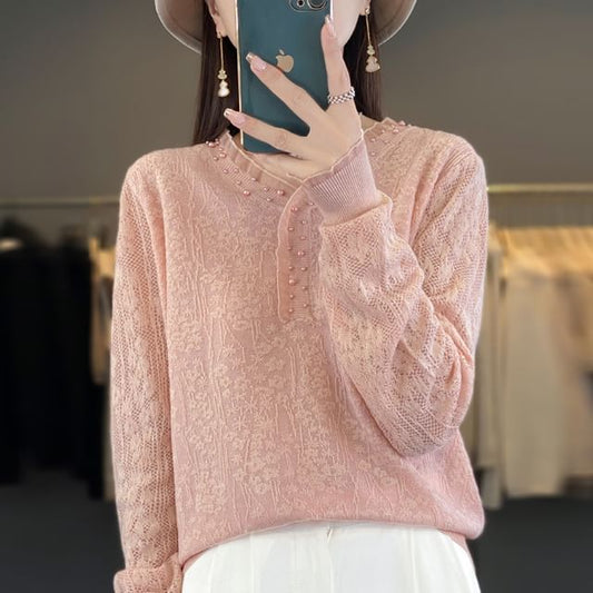 Long Sleeve V-Neck Plain Frill Beaded Knit Top