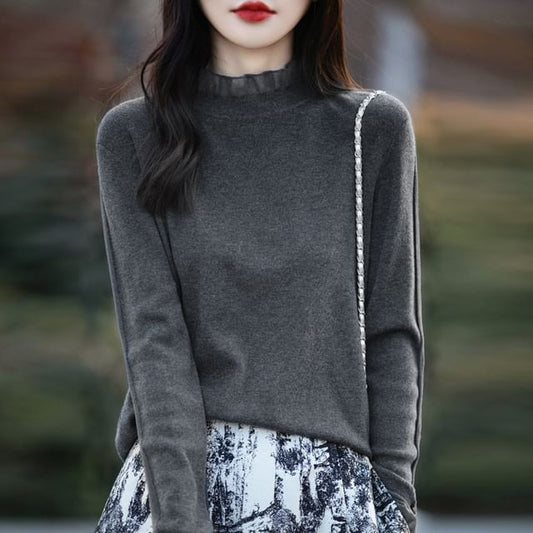 Long Sleeve Mock Neck Plain Frill Knit Top