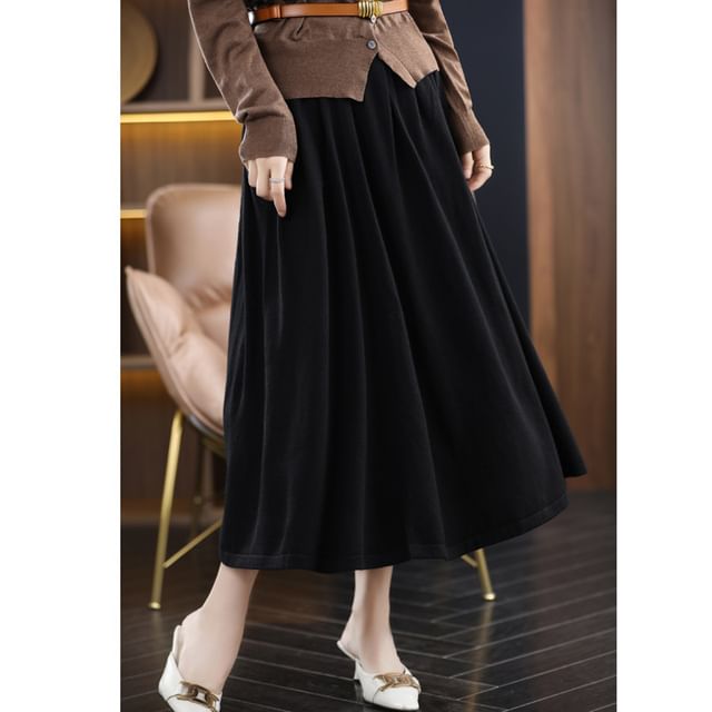 Elastic Waist Plain Midi A-Line Skirt