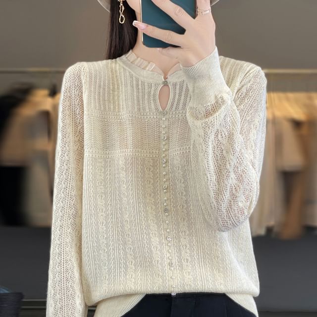 Long Sleeve Frill Collar Plain Beaded Keyhole Knit Top