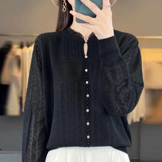 Long Sleeve Frill Collar Plain Beaded Keyhole Knit Top