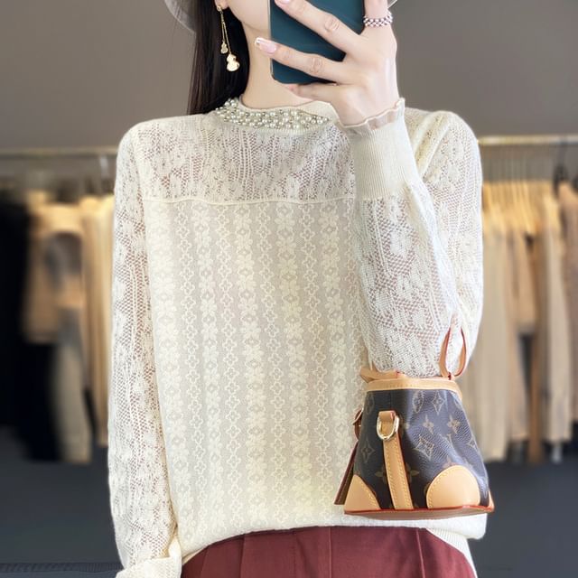 Long Sleeve Mock Neck Plain Beaded Knit Top