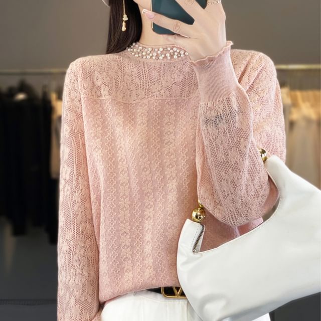 Long Sleeve Mock Neck Plain Beaded Knit Top