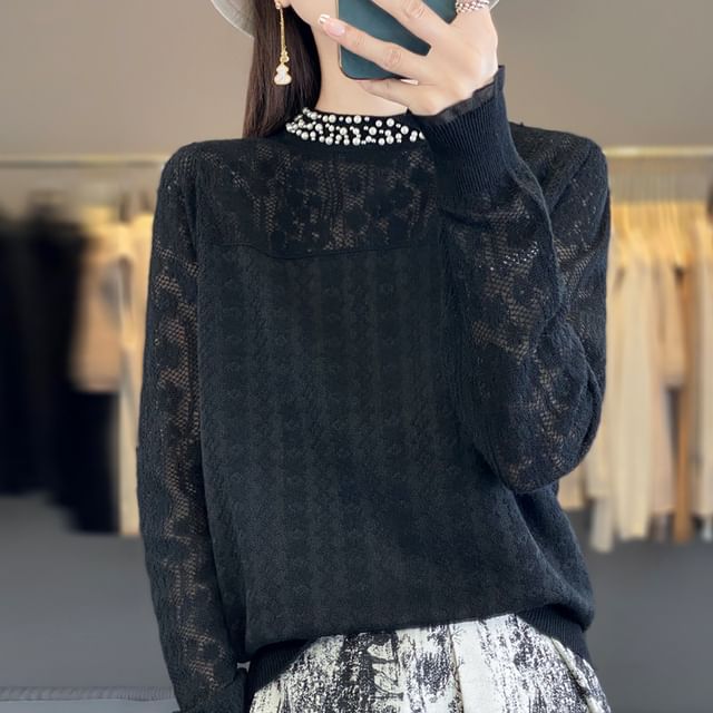 Long Sleeve Mock Neck Plain Beaded Knit Top
