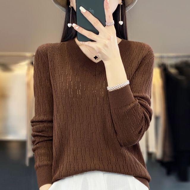 Long Sleeve V-Neck Plain Knit Top