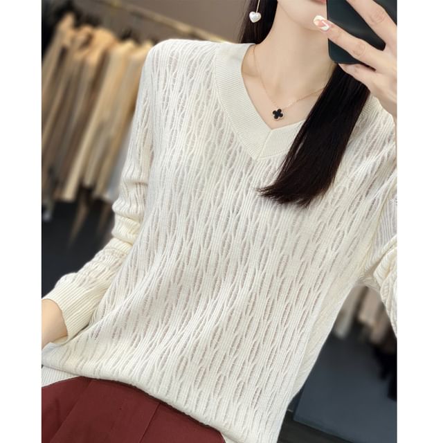 Long Sleeve V-Neck Plain Knit Top