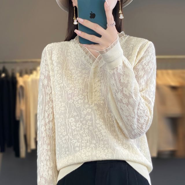 Long Sleeve V-Neck Plain Frill Beaded Knit Top