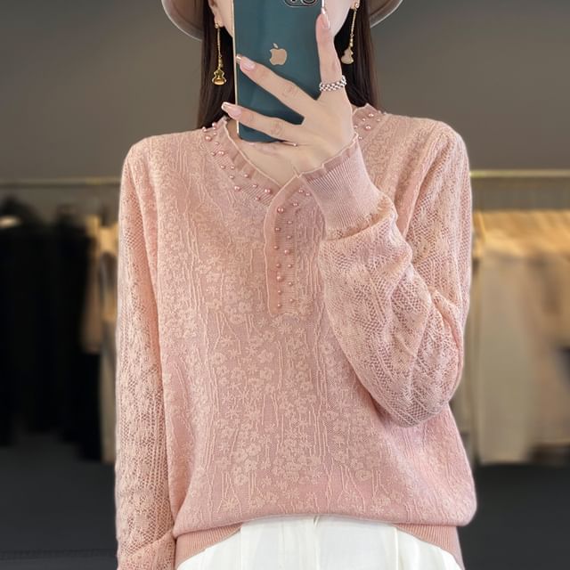 Long Sleeve V-Neck Plain Frill Beaded Knit Top