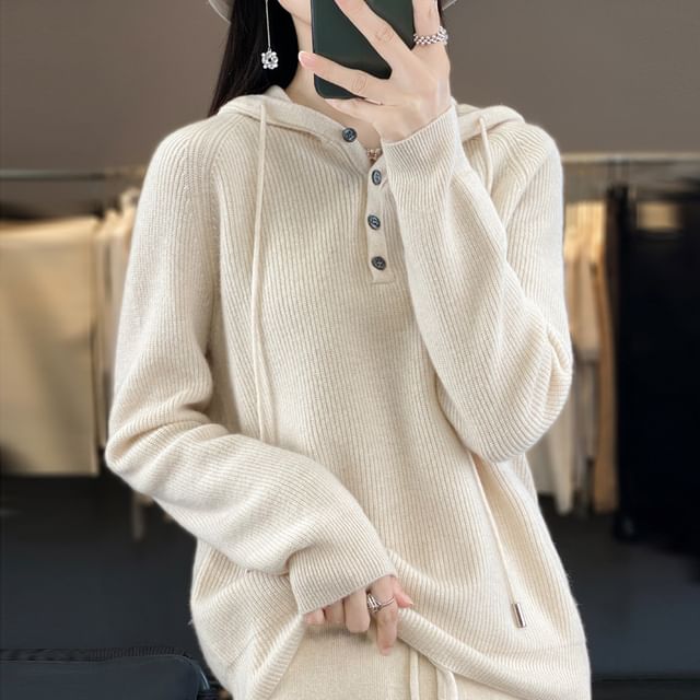 Henley Plain Hood Ribbed Sweater