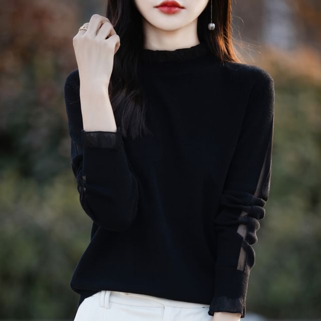 Long Sleeve Mock Neck Plain Frill Knit Top