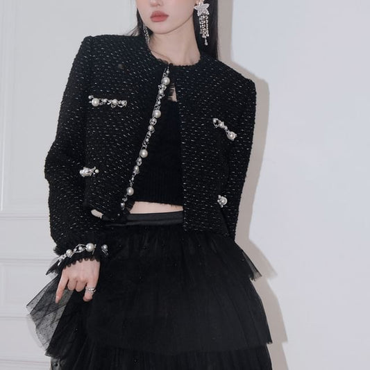 Patterned Fluffy Trim Faux Pearl Jacket