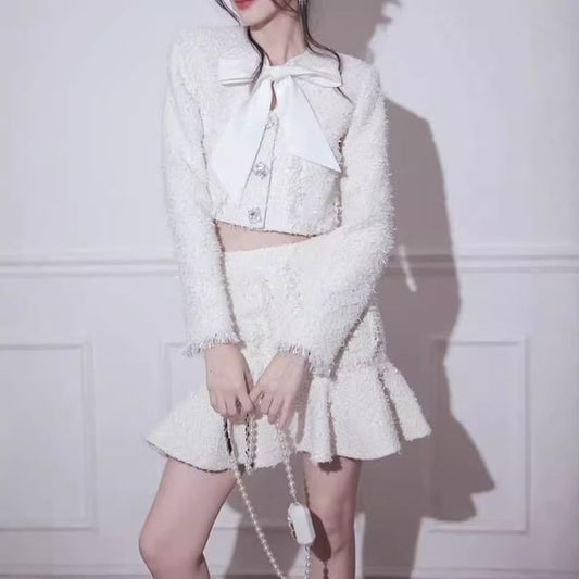 Set: Plain Bow Cropped Single-Breasted Jacket + High Rise Mini Mermaid Skirt